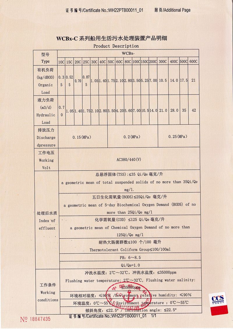 WCBx-C型生活污水處理裝置型式認可證書